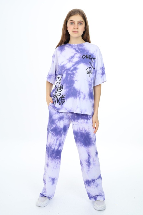 Mor Batik Yazı Baskılı Kız Çocuk Takım 17834