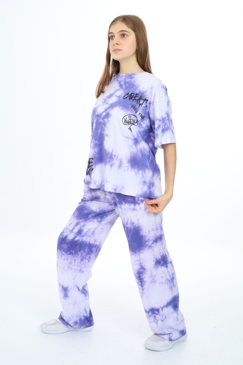 Mor Batik Yazı Baskılı Kız Çocuk Takım 17834