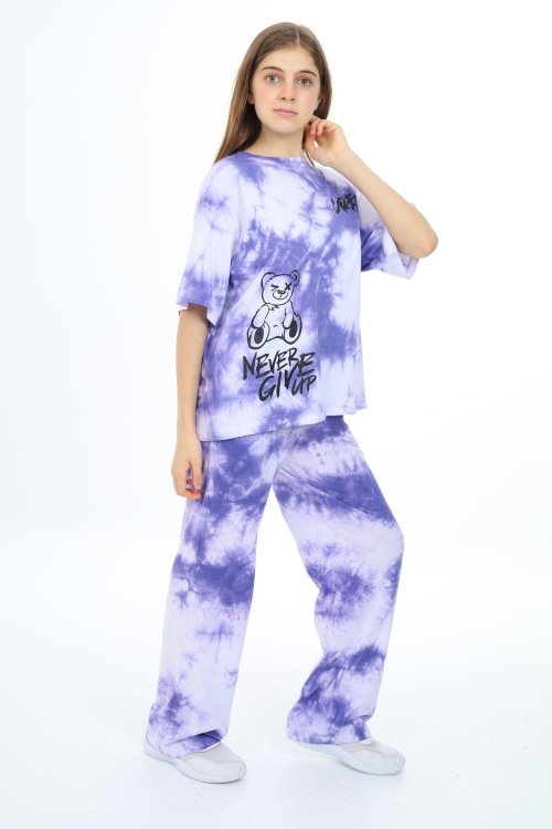 Mor Batik Yazı Baskılı Kız Çocuk Takım 17834