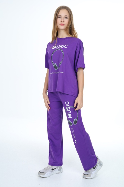 Mor Music Yazı Baskılı Kız Çocuk Takım 17896