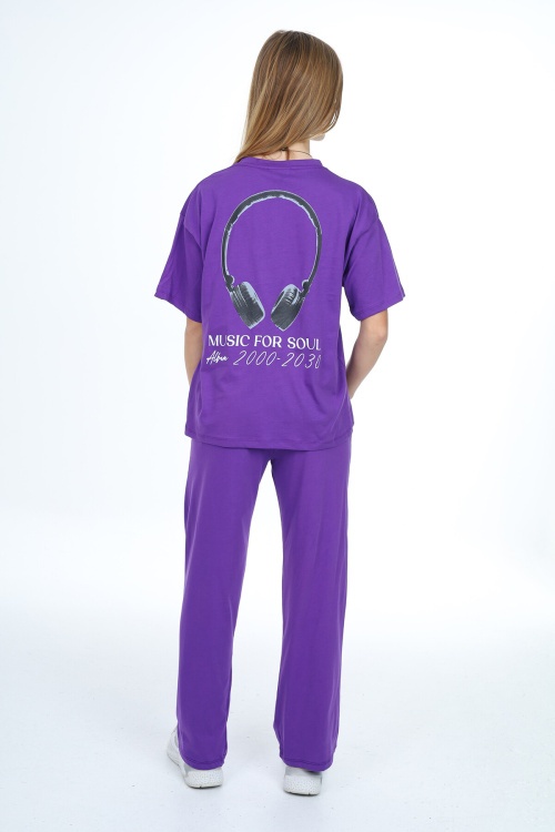 Mor Music Yazı Baskılı Kız Çocuk Takım 17896