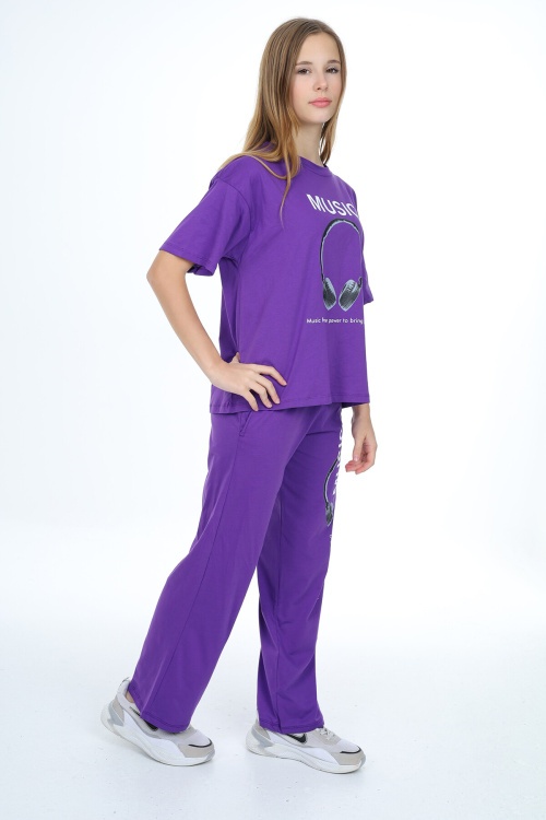 Mor Music Yazı Baskılı Kız Çocuk Takım 17896