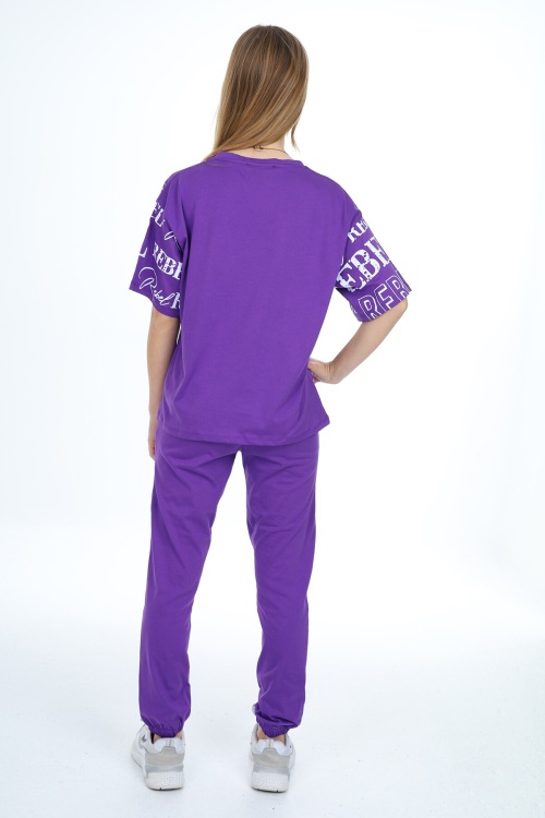 Mor Rebel Yazı Baskılı Kız Çocuk Takım 17842