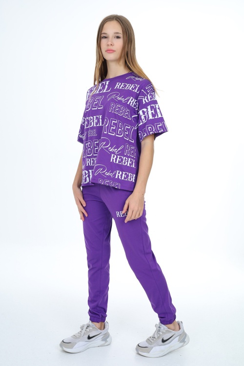Mor Rebel Yazı Baskılı Kız Çocuk Takım 17842