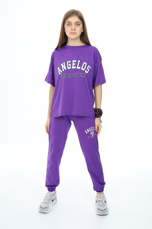 Mor Yazı Baskılı Kız Çocuk Takım 17857