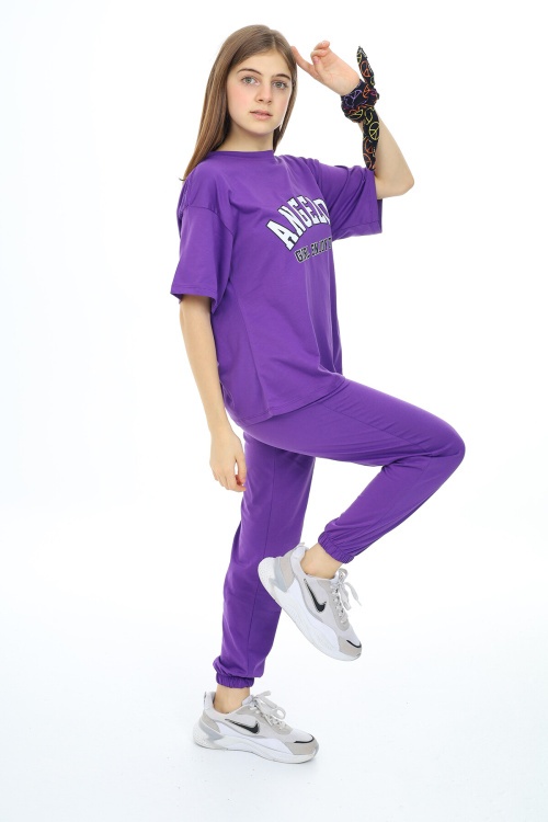 Mor Yazı Baskılı Kız Çocuk Takım 17857