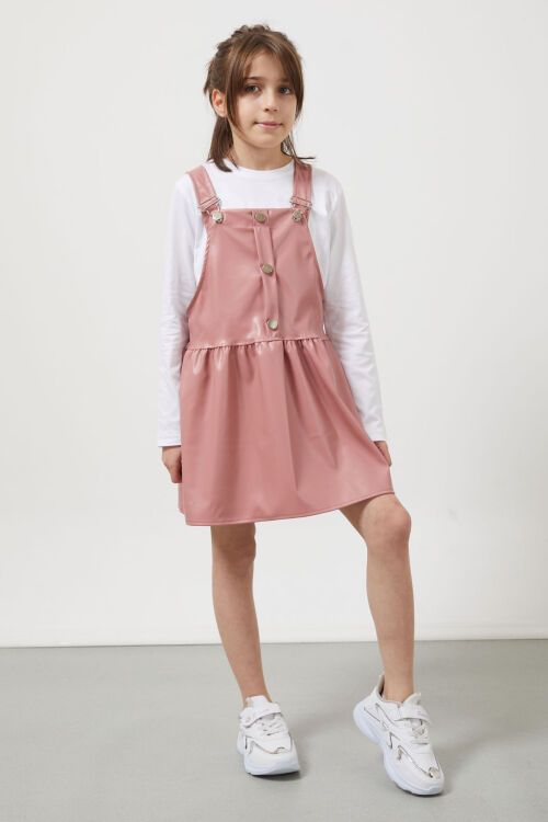 Pembe Askılı Kız Çocuk Suni Deri Salopet 17646