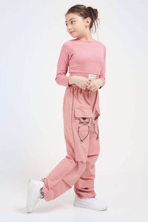 Pembe Bağcık Cep Detaylı Kız Çocuk Paraşüt Pantolon 17636