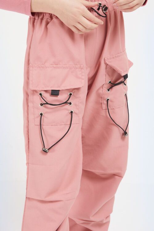 Pembe Bağcık Cep Detaylı Kız Çocuk Paraşüt Pantolon 17636