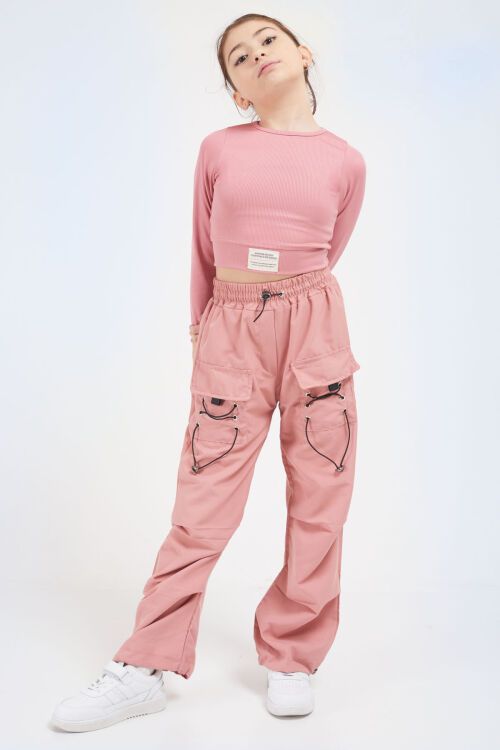 Pembe Bağcık Cep Detaylı Kız Çocuk Paraşüt Pantolon 17636