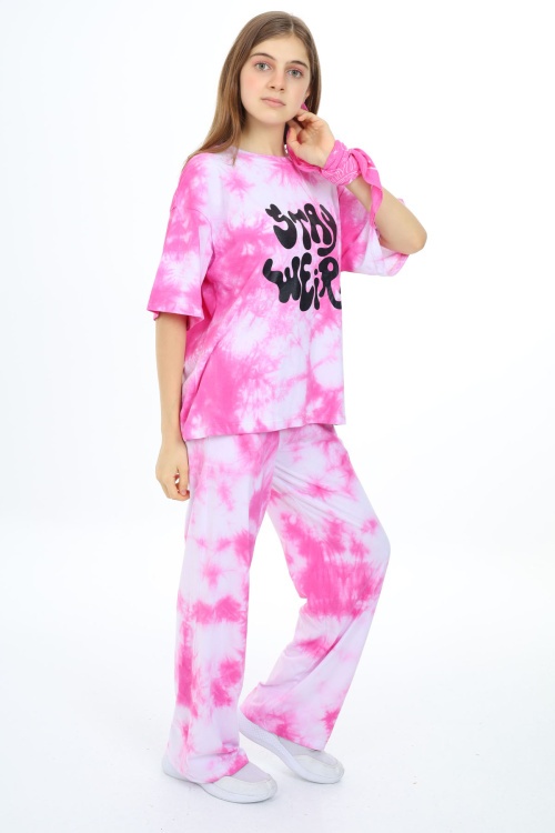 Pembe Batik Desenli Kısa Kollu Kız Çocuk Takım 17949