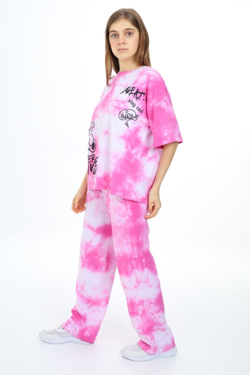 Pembe Batik Yazı Baskılı Kız Çocuk Takım 17835