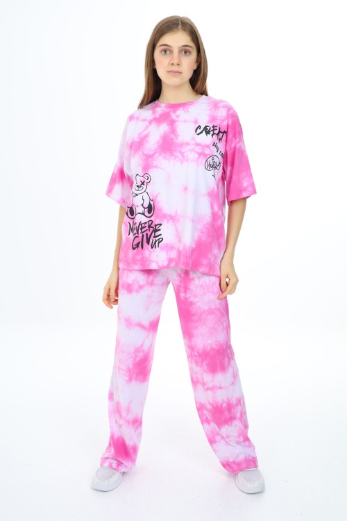 Pembe Batik Yazı Baskılı Kız Çocuk Takım 17835