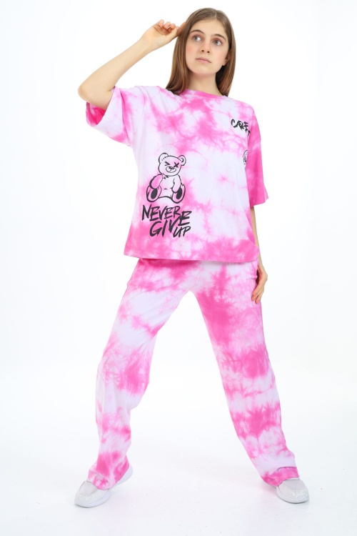 Pembe Batik Yazı Baskılı Kız Çocuk Takım 17835