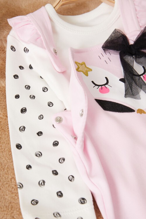 Pembe Baykuş Baskılı Badili Kız Bebek Tulum Takımı 17499