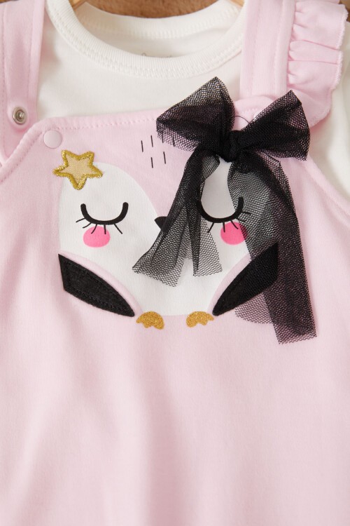 Pembe Baykuş Baskılı Badili Kız Bebek Tulum Takımı 17499