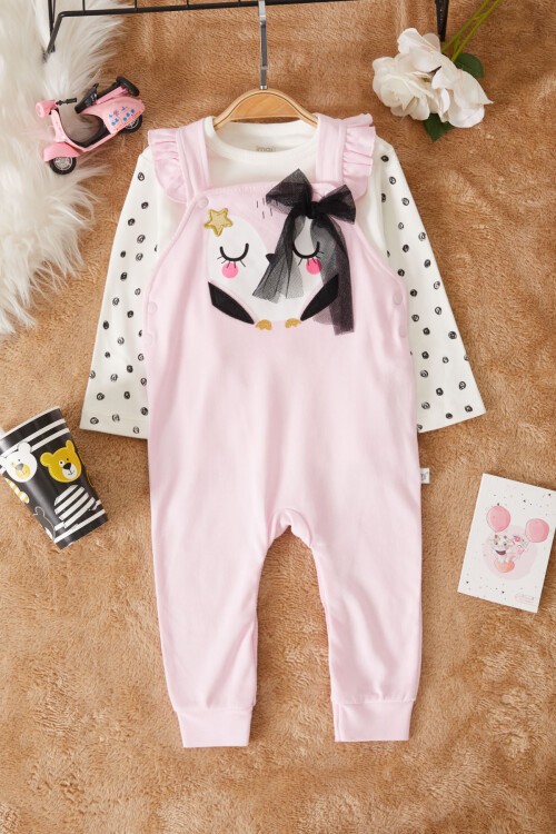 Pembe Baykuş Baskılı Badili Kız Bebek Tulum Takımı 17499