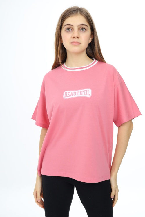 Pembe Beautiful Yazılı Oversize Kız Tişört 17812