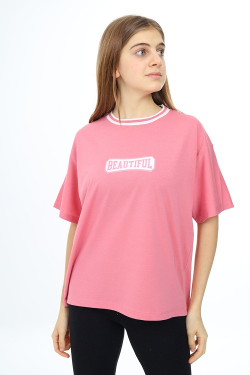 Pembe Beautiful Yazılı Oversize Kız Tişört 17812