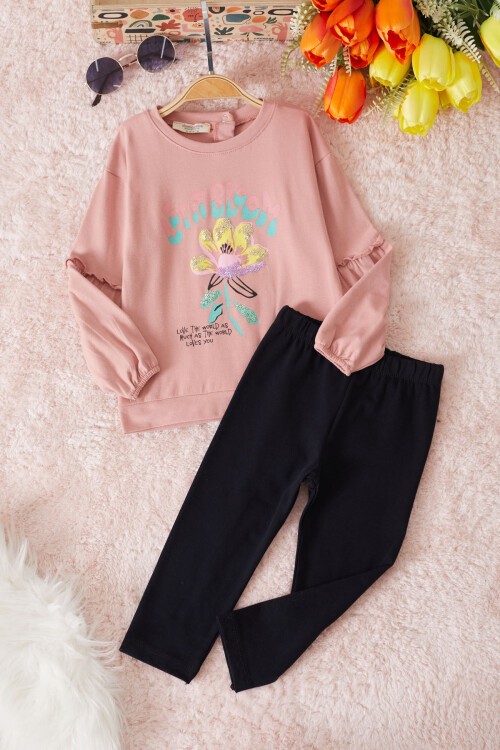 Pembe Çiçek Baskılı Pullu Kız Bebek Takım 17470