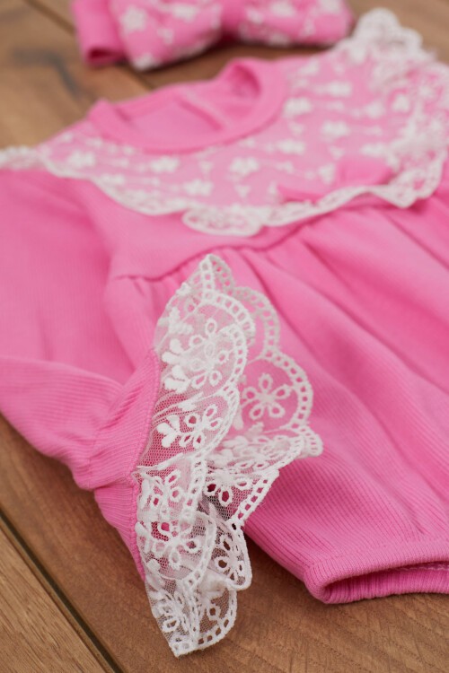 Pembe Dantel Detaylı Uzun Kollu Bandanalı Çıtçıtlı Badi 17365