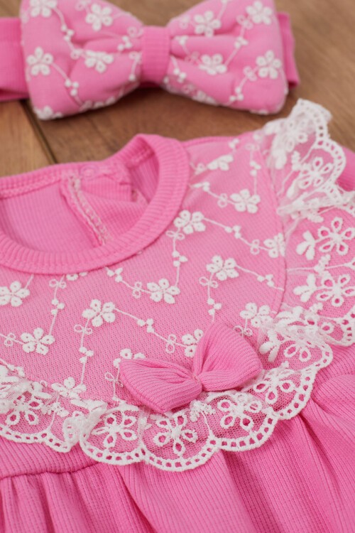 Pembe Dantel Detaylı Uzun Kollu Bandanalı Çıtçıtlı Badi 17365