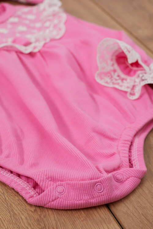 Pembe Dantel Detaylı Uzun Kollu Bandanalı Çıtçıtlı Badi 17365