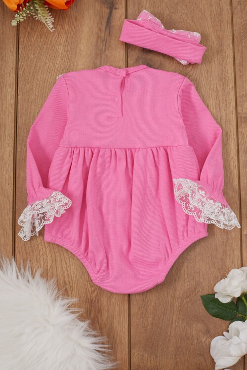 Pembe Dantel Detaylı Uzun Kollu Bandanalı Çıtçıtlı Badi 17365