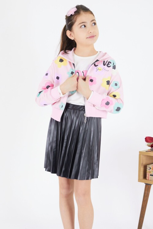 Pembe Deri Etekli Kapüşonlu Hırkalı 3lü Kız Takım 17472