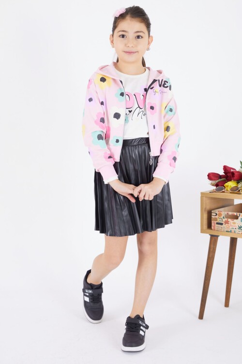 Pembe Deri Etekli Kapüşonlu Hırkalı 3lü Kız Takım 17472