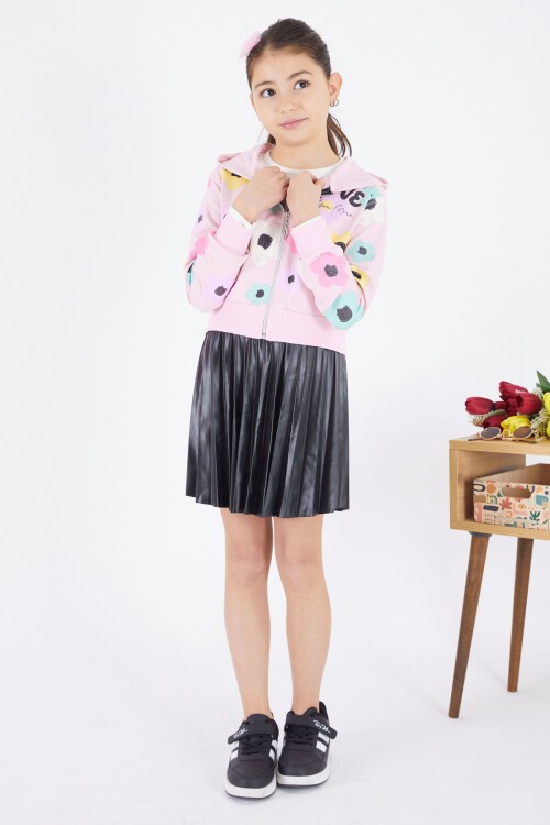 Pembe Deri Etekli Kapüşonlu Hırkalı 3lü Kız Takım 17472