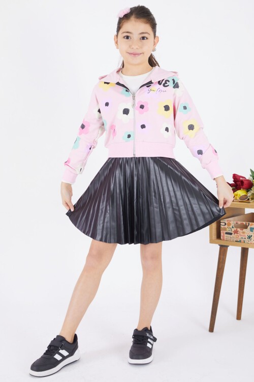 Pembe Deri Etekli Kapüşonlu Hırkalı 3lü Kız Takım 17472