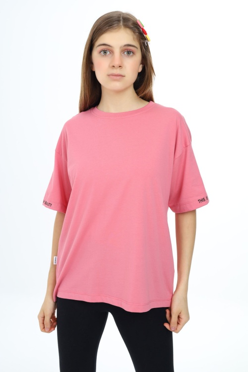 Pembe Düz Bisiklet Yaka Kız Tişört 18035