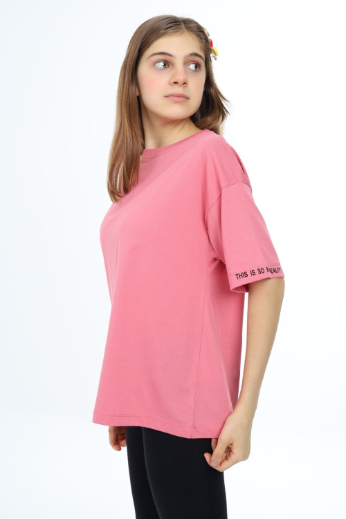 Pembe Düz Bisiklet Yaka Kız Tişört 18035