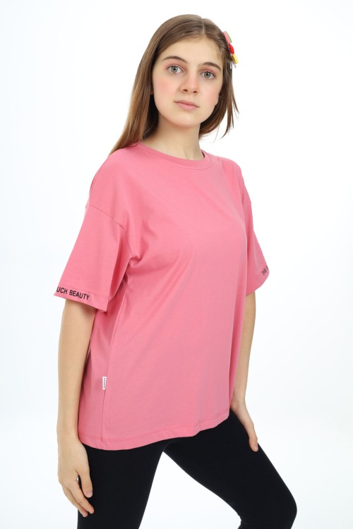 Pembe Düz Bisiklet Yaka Kız Tişört 18035