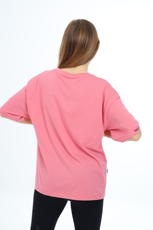 Pembe Düz Bisiklet Yaka Kız Tişört 18035