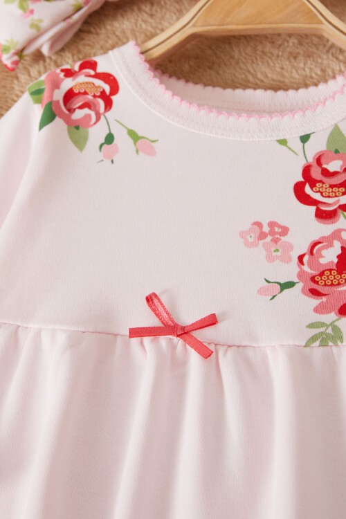 Pembe Gül Baskılı Bandanalı Kız Bebek Elbise Takımı 17501