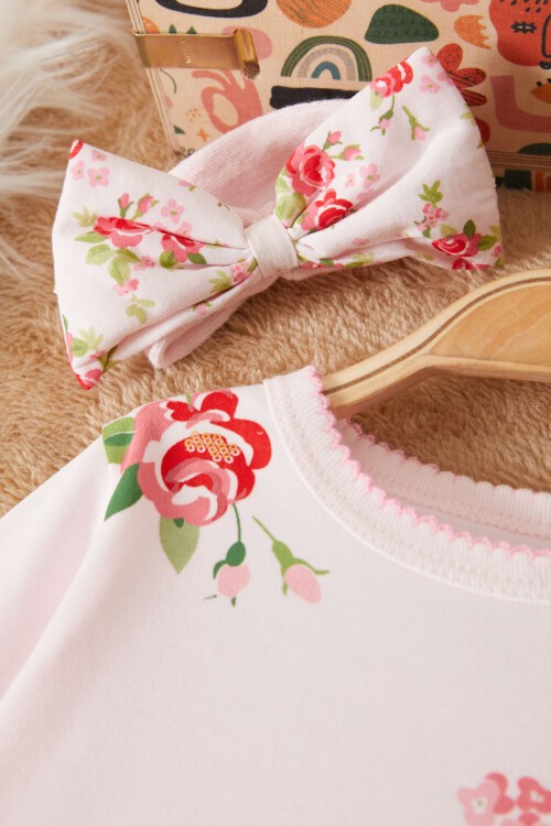Pembe Gül Baskılı Bandanalı Kız Bebek Elbise Takımı 17501