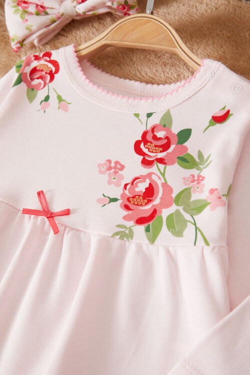 Pembe Gül Baskılı Bandanalı Kız Bebek Elbise Takımı 17501