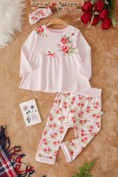 Pembe Gül Baskılı Bandanalı Kız Bebek Elbise Takımı 17501