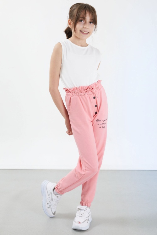 Pembe Have a Good Time Yazılı Düğme Detaylı Kız Eşofman Altı 17675