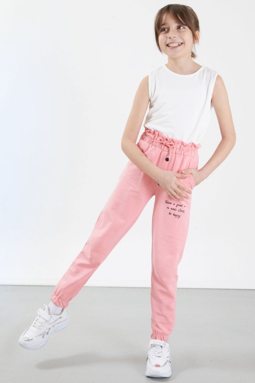 Pembe Have a Good Time Yazılı Düğme Detaylı Kız Eşofman Altı 17675