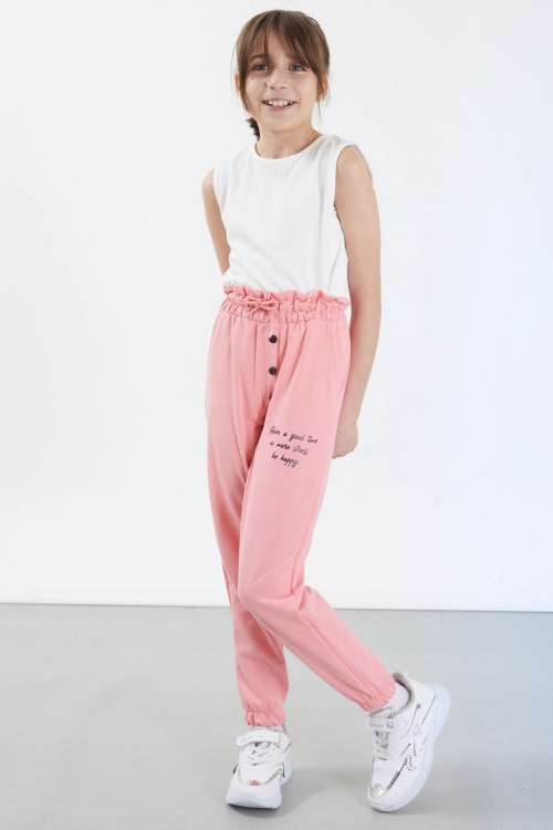 Pembe Have a Good Time Yazılı Düğme Detaylı Kız Eşofman Altı 17675