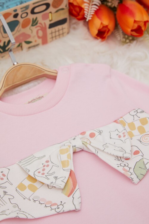 Pembe Hayvan Desenli Fiyonklu Kız Bebek Takım 17406