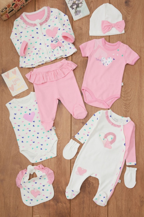 Pembe Kalp Desenli 8li Bebek Hastane Çıkışı Seti 16923