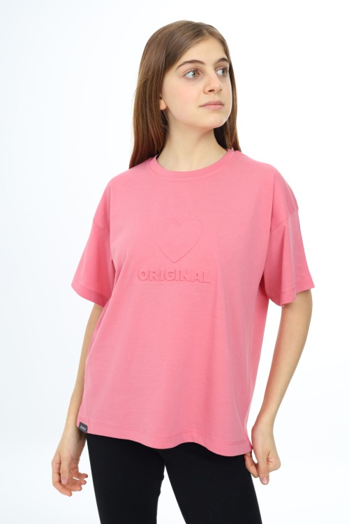 Pembe Kalp Kabartmalı Bisiklet Yaka Kız Tişört 17789