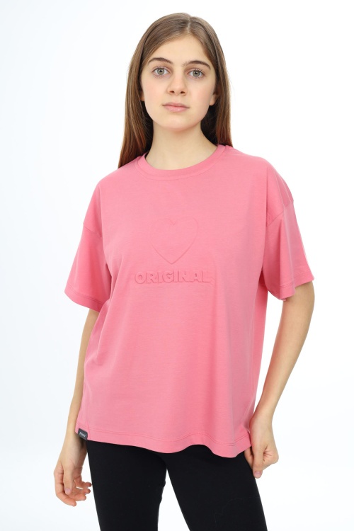 Pembe Kalp Kabartmalı Bisiklet Yaka Kız Tişört 17789