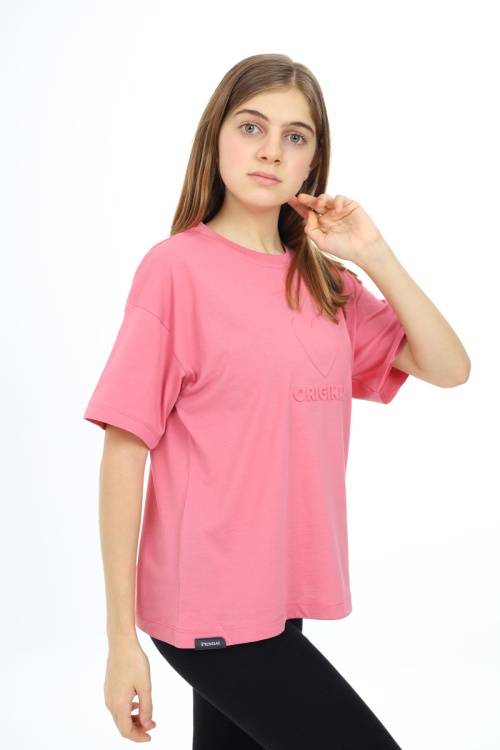 Pembe Kalp Kabartmalı Bisiklet Yaka Kız Tişört 17789