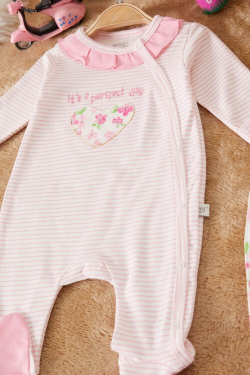 Pembe Kalp Nakışlı Kız Bebek Badili Tulum Takımı 17512