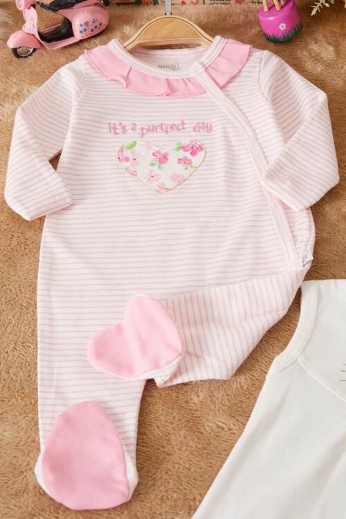 Pembe Kalp Nakışlı Kız Bebek Badili Tulum Takımı 17512